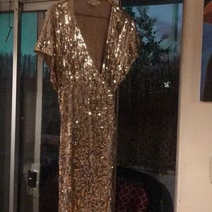 Gold Sequin Wrap Fit & Flare Skater Formal Dress